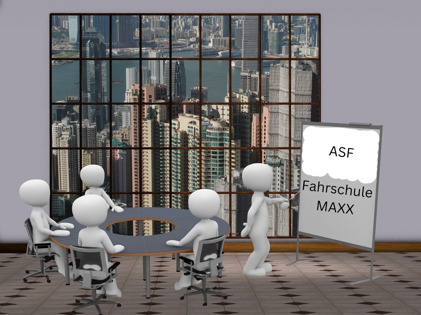 Gruppe aus mehreren Strichmännchen symbolisieren Aufbauseminar ASF mit Fahrschule Maxx-Moderator und Flipchart